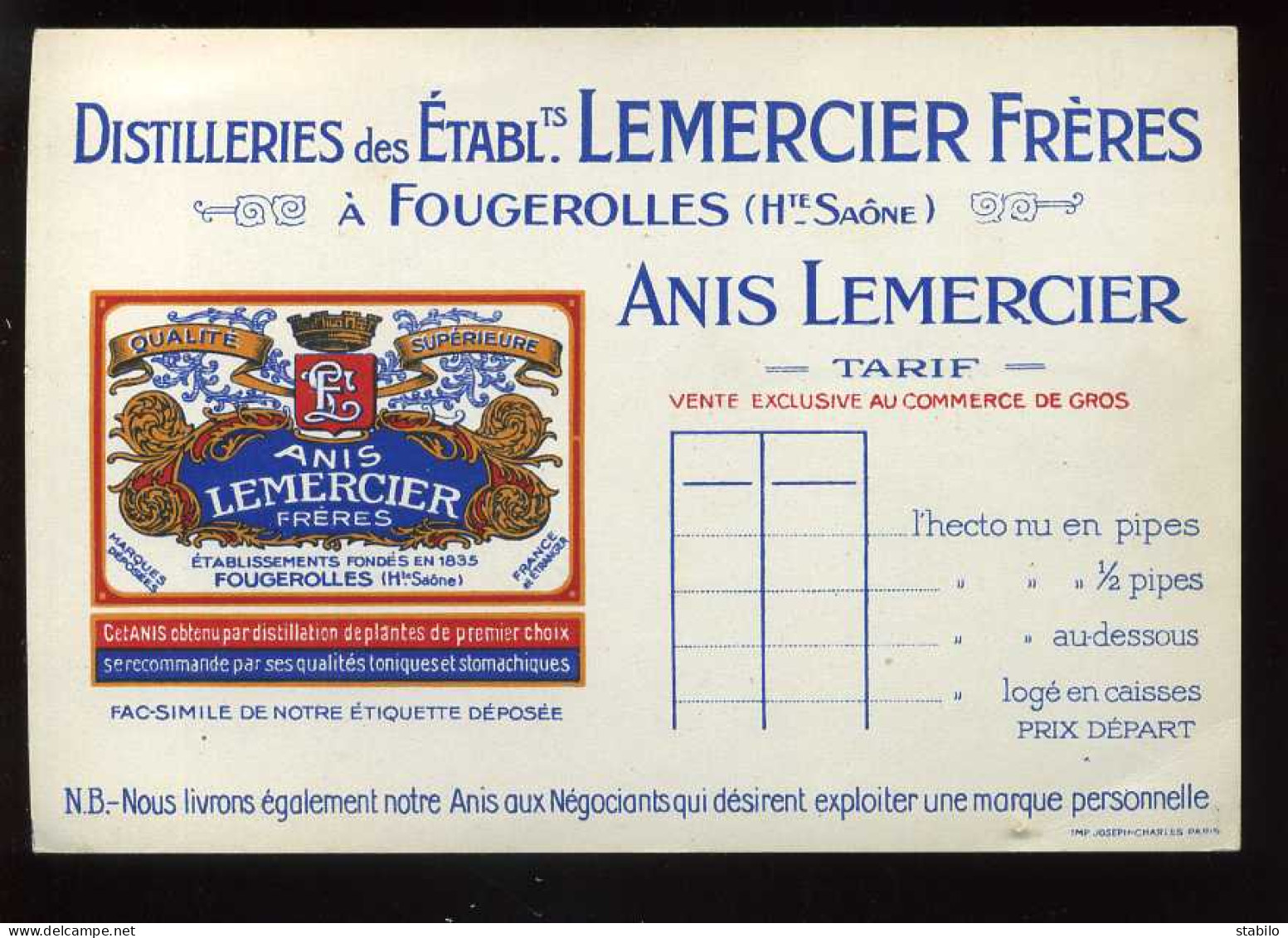 PUBLICITE - FOUGEROLLES (HAUTE-SAONE) - DISTILLERIES LEMERCIER FRERES - Werbung