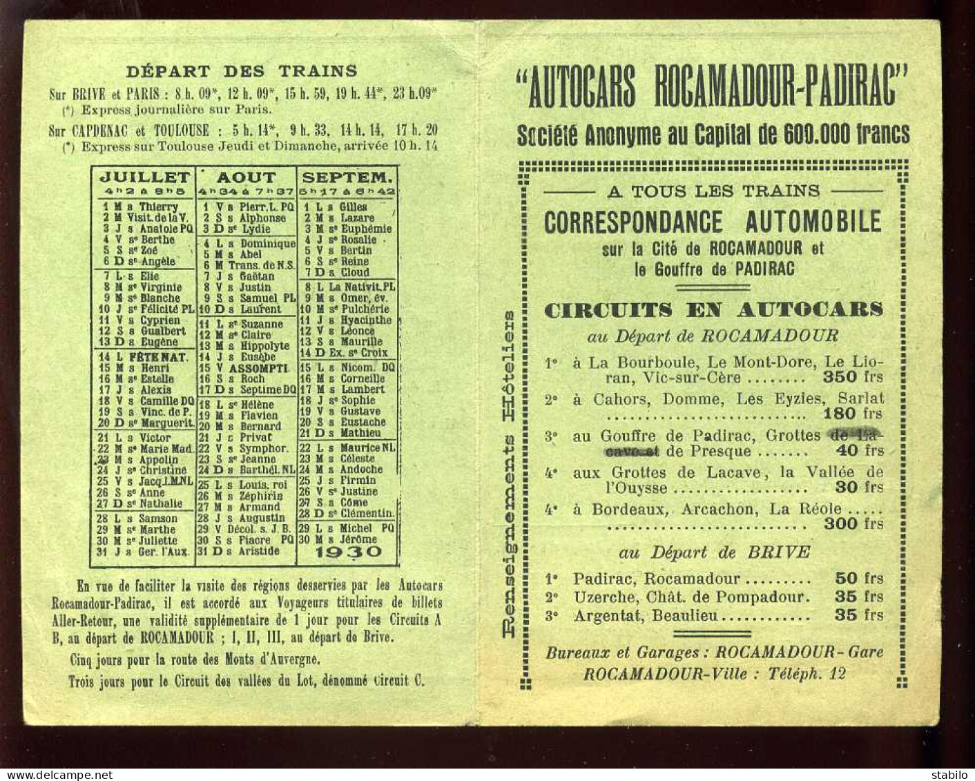 DEPLIANT DES HORAIRES D'AUTOCARS ROCAMADOUR-PADIRAC 1930 - CALENDRIER 1930 AU VERSO - Advertising