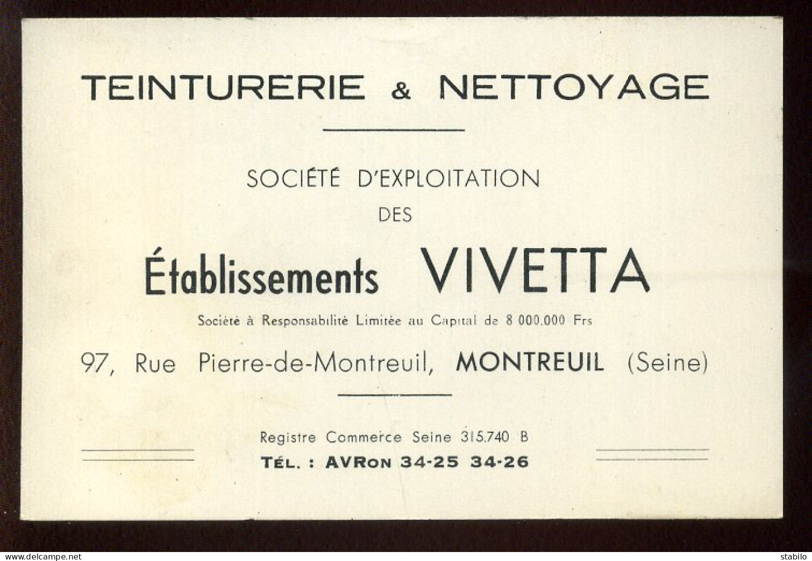 CARTE DE VISITE - TEINTURERIE VIVETTA, 97 RUE P.DE.MONTREUIL, MONTREUIL (SEINE-ST-DENIS) - Cartes De Visite