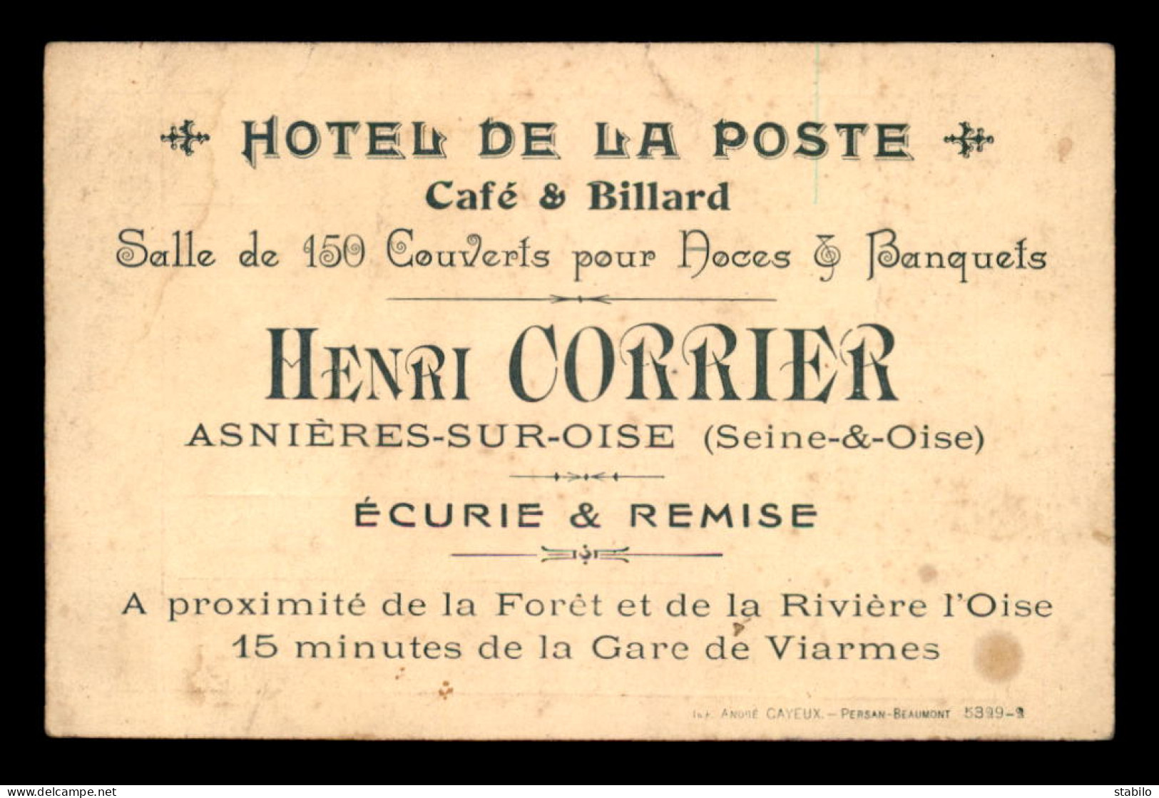 CARTE DE VISITE - HOTEL DE LA POSTE, HENRI CORRIER, ASNIERES-SUR-OISE (VAL-D'OISE)  - HORAIRES TRAINS - FORMAT 12 X 8 CM - Visitenkarten