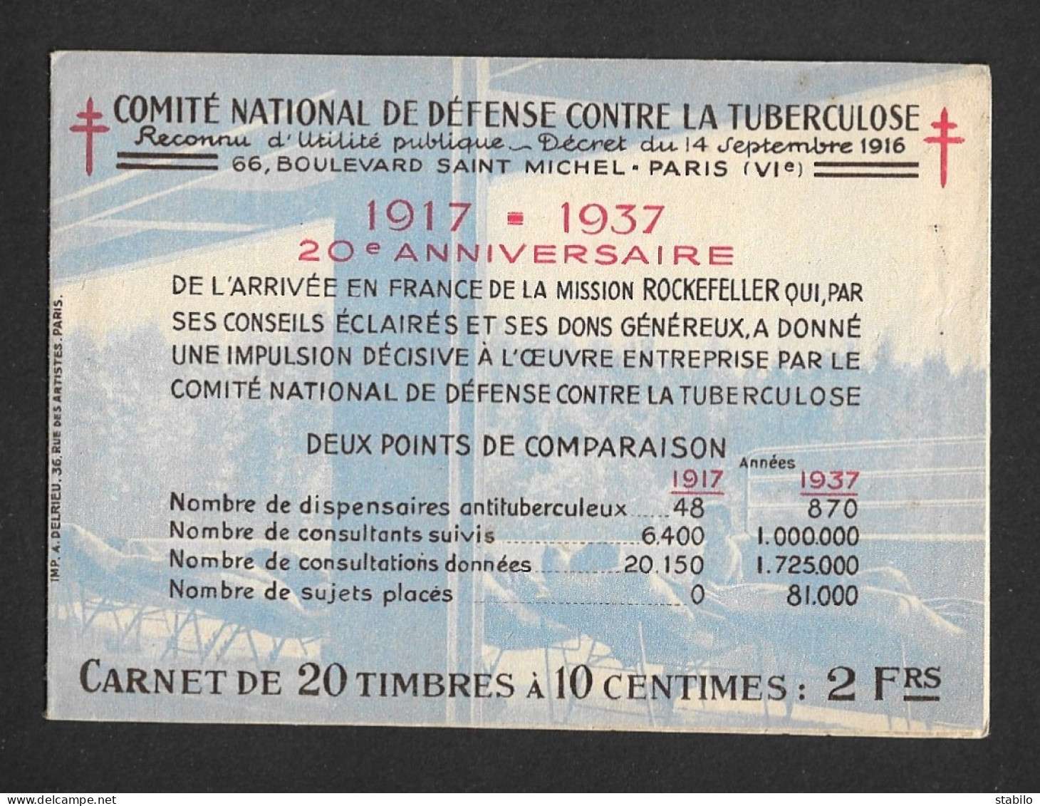 CARNET DE VIGNETTES - COMITE DE DEFENSE CONTRE LA TUBERCULOSE - 1917-1937 - 20E ANNIVERSAIRE - FORMAT PLIE 13 X 9.5 CM - Vignetten (Erinnophilie)