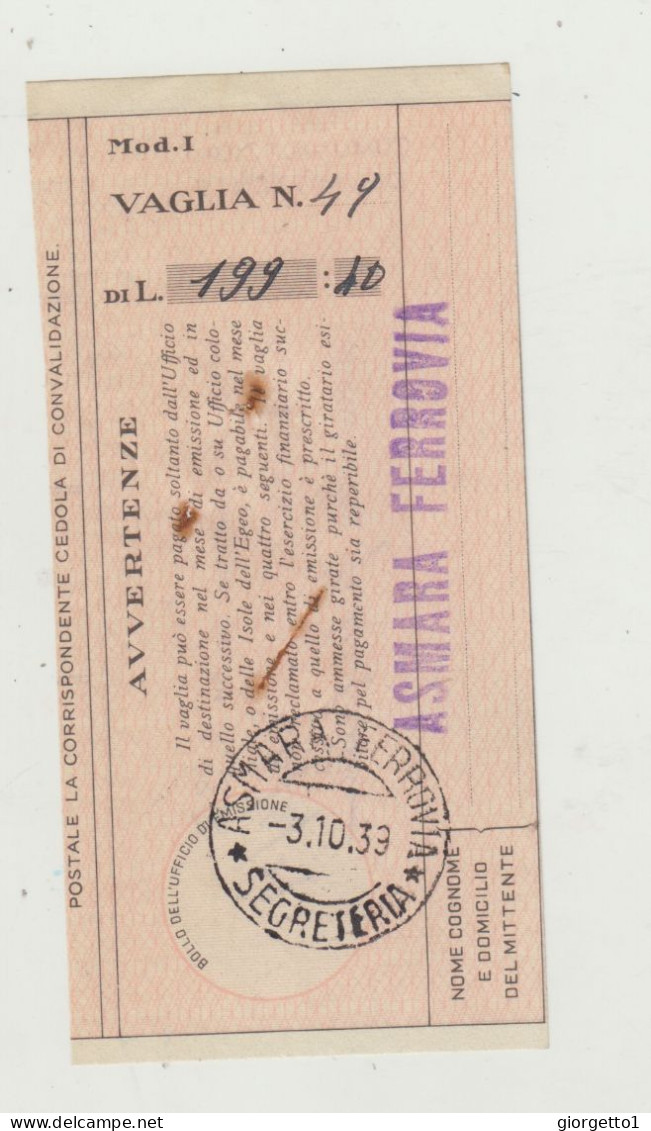 TAGLIANDO EMISSIONE VAGLIA - ASMARA FERROVIA DEL 1939 WW2 - Poststempel