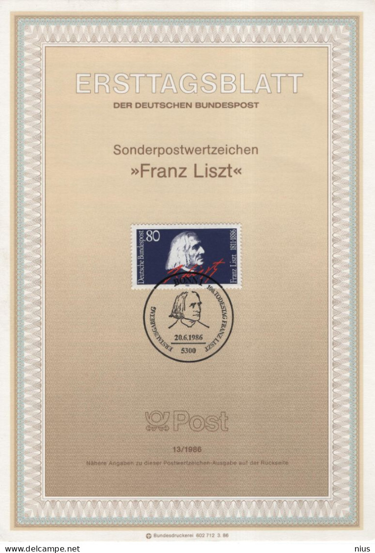 Germany Deutschland 1986-13 Hungary, Franz Liszt, Composer Komponist Music Musik Pianist, Canceled In Bonn - 1981-1990
