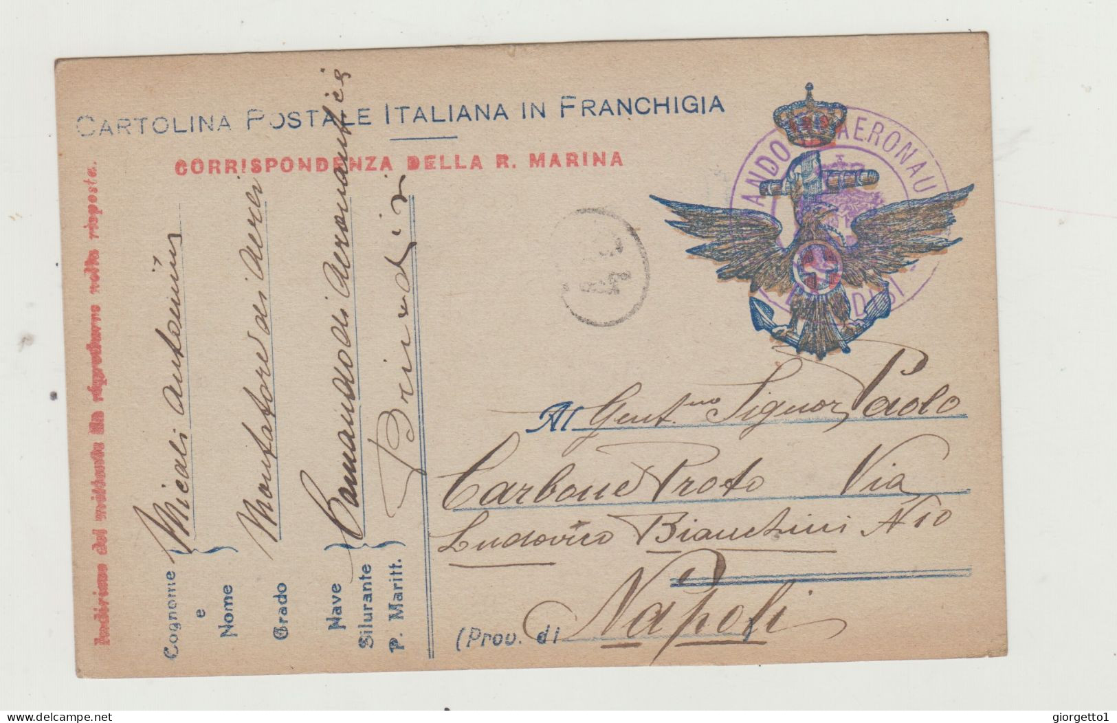 FRANCHIGIA MARINA - VIAGGIATA NEL 1919 ANNULLO COMANDO DI AERONAUTICA BRINDISI WW1 - Portofreiheit