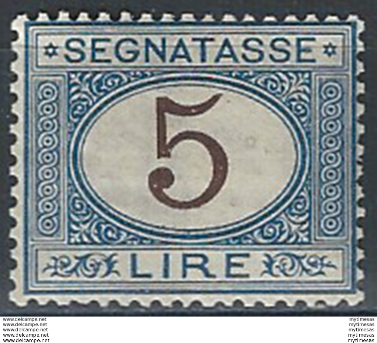 1874 Italia Segnatasse Lire 5 Azzurro Bruno Bc MNH Sassone N. 13 - Autres & Non Classés