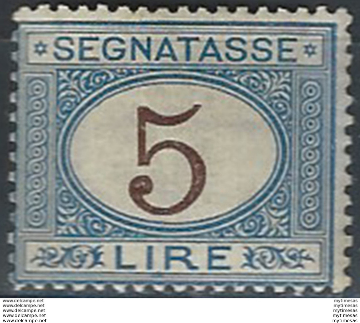 1874 Italia Segnatasse Lire 5 Azzurro Bruno Mc MNH Sassone N. 13 - Andere & Zonder Classificatie