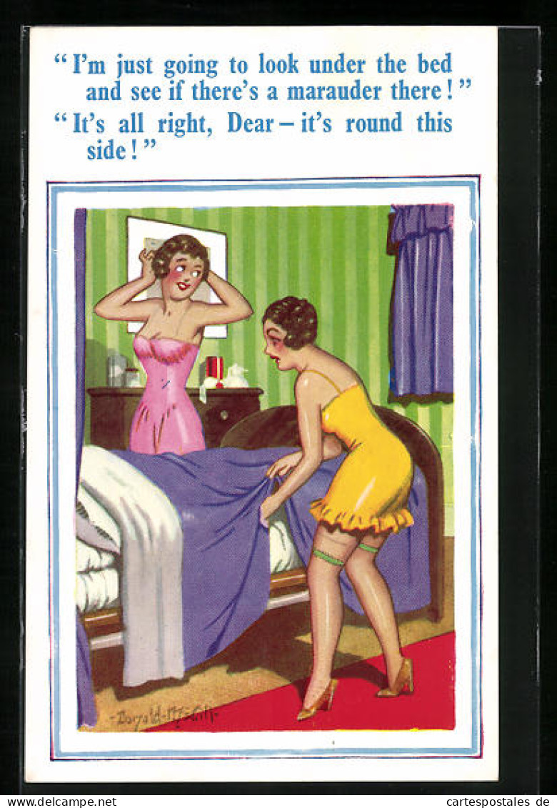 Künstler-AK Donald McGill: I`m Just Going To Look Under The Bed And..., Zwei Frauen In Nachtwäsche Am Bett  - Mc Gill, Donald