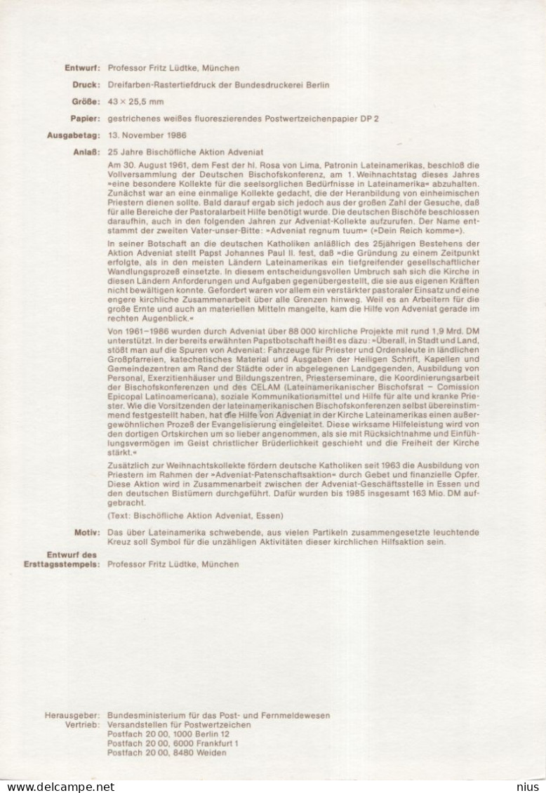 Germany Deutschland 1986-25 25 Jahre Bischöfliche Aktion Adveniat, Episcopal Action Adveniat, Canceled In Bonn - 1981-1990