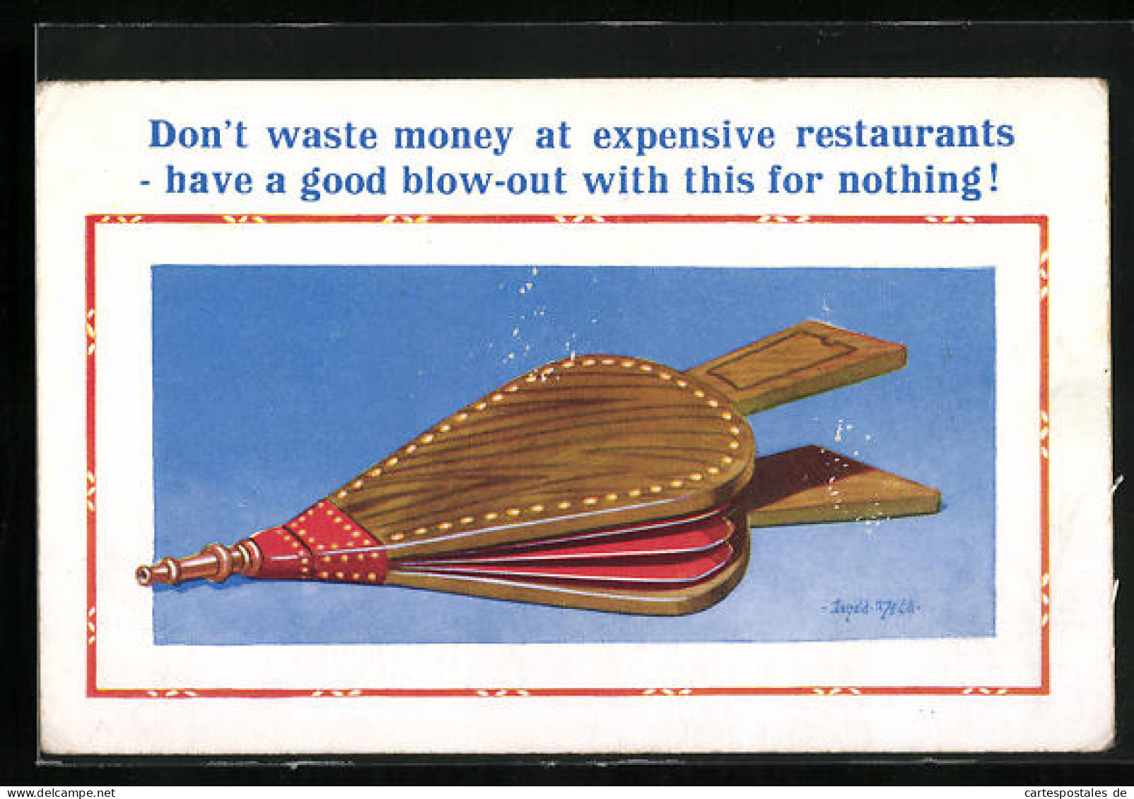 Künstler-AK Donald McGill: Don`t Waste Money At Expensive Restaurants..., Blasebalg  - Mc Gill, Donald