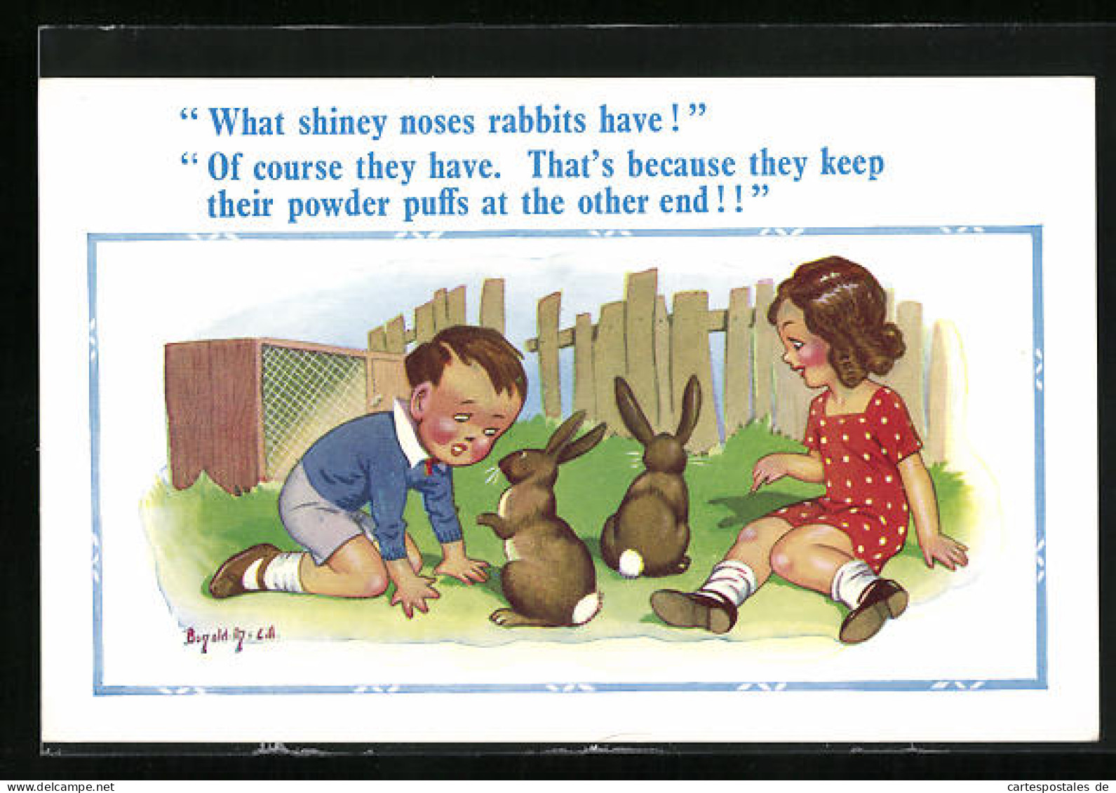 Künstler-AK Donald McGill: What Shiney Noses Rabbits Have!, Kinder Mit Kaninchen  - Mc Gill, Donald