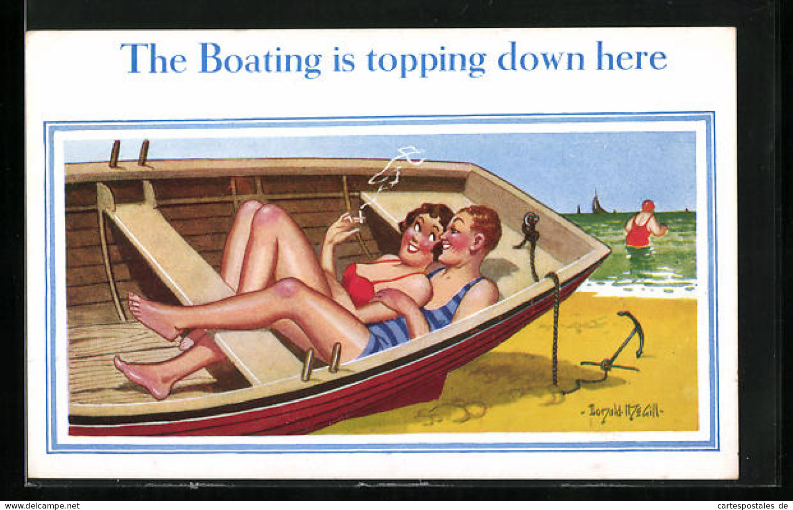 Künstler-AK Donald McGill: The Boating Is Topping Down Here, Paar Im Boot  - Mc Gill, Donald