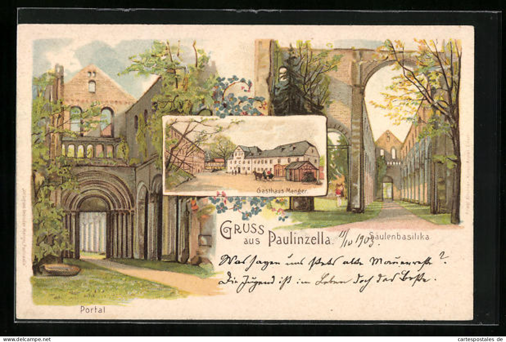 Lithographie Paulinzella, Gasthaus Menger, Portal, Säulenbasilika  - Autres & Non Classés