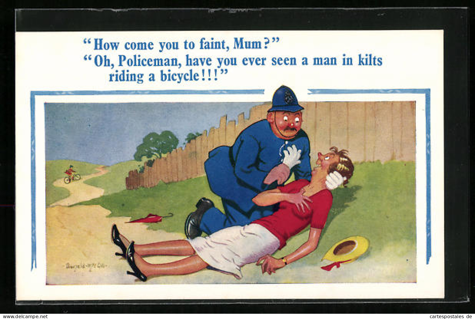 Künstler-AK Donald McGill: Have You Ever Seen A Man In Kilts Riding Bicycle?, Polizist Kommt Zur Hilfe  - Mc Gill, Donald