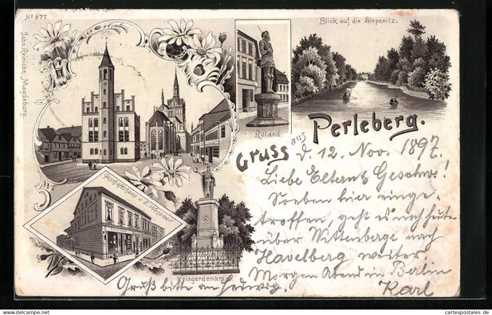 Lithographie Perleberg, Geschäftshaus V. E. Wesener, Blick Auf Die Stepenitz, Roland  - Perleberg