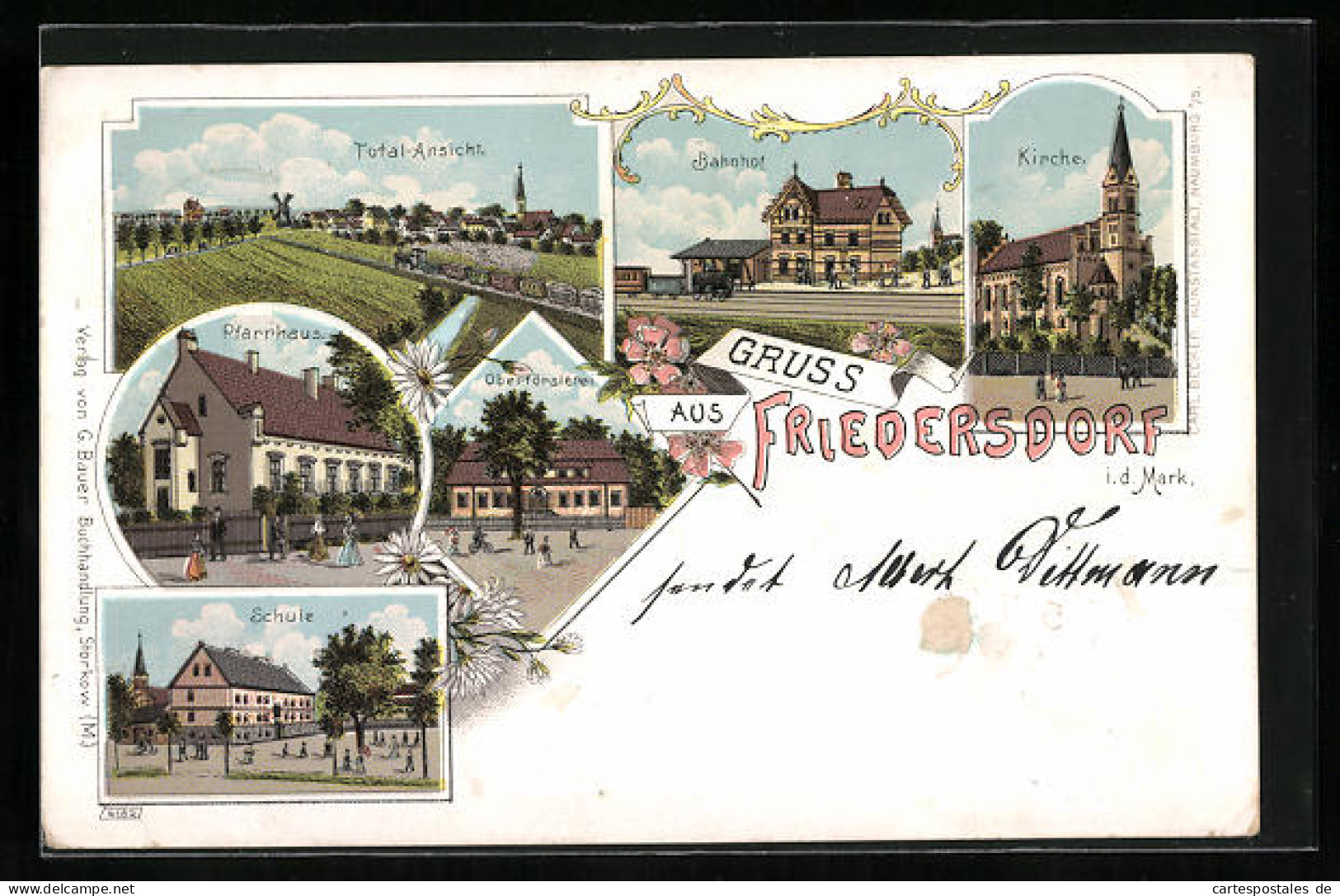 Lithographie Friedersdorf, Kirche, Bahnhof, Schule, Oberförsterei, Pfarrhaus  - Friedersdorf