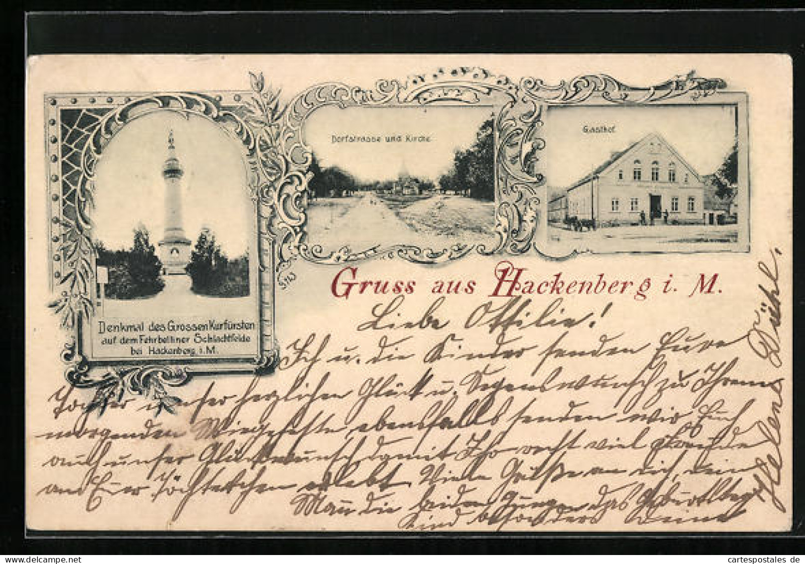 AK Hackenberg I. M., Gasthof, Denkmal Des Grossen Kurfürsten Auf Dem Fehrbelliner Schlachtfelde, Dorfstrasse Und Kirc  - Fehrbellin