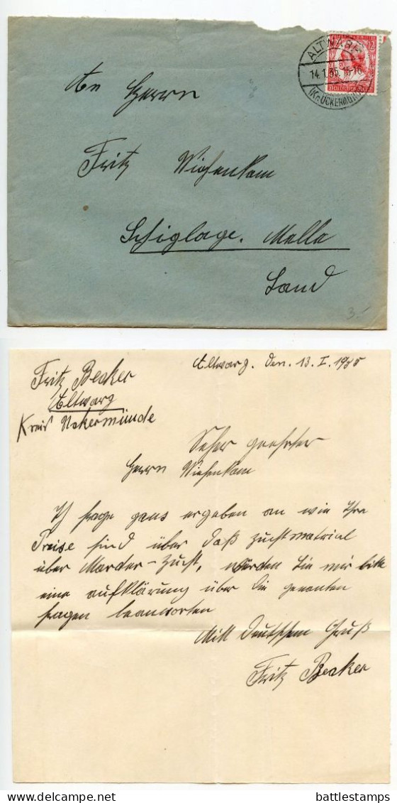 Germany 1935 Cover & Letter; Altwarp (Kr. Ueckermünde) To Schiplage; 12pf. Friedrich V. Schiller Stamp - Cartas & Documentos