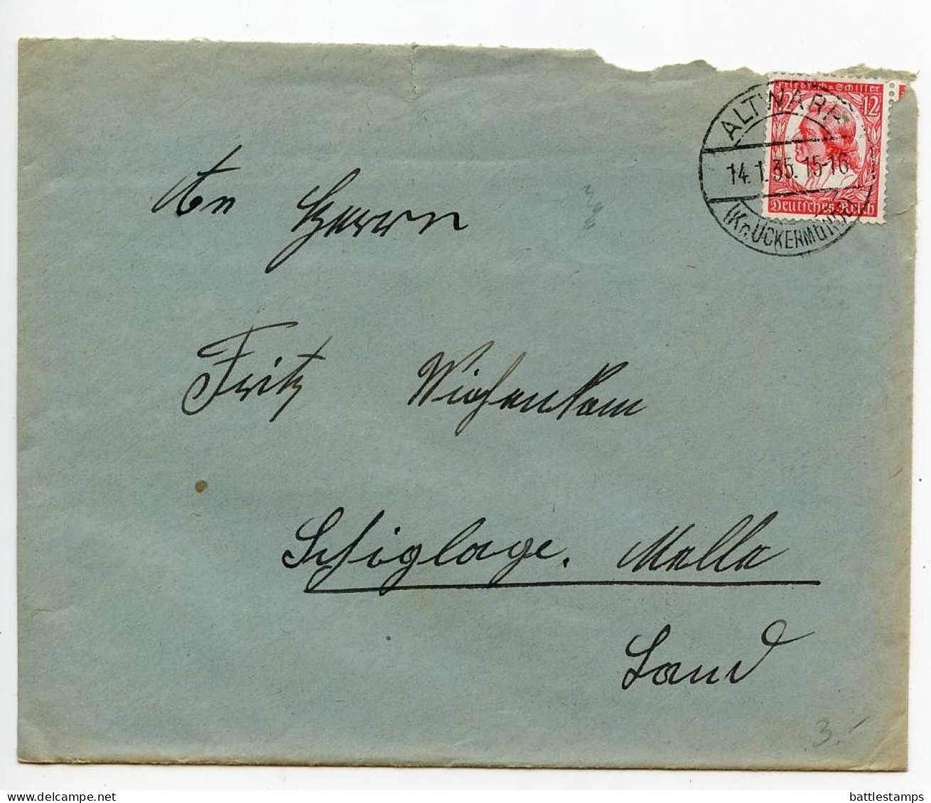 Germany 1935 Cover & Letter; Altwarp (Kr. Ueckermünde) To Schiplage; 12pf. Friedrich V. Schiller Stamp - Cartas & Documentos