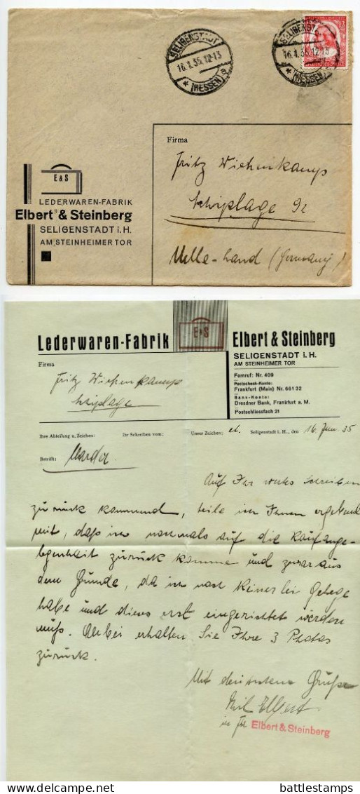 Germany 1935 Cover & Letter; Seligenstadt - Elbert & Steinberg, Lederwaren-Fabrik; 12pf. Friedrich V. Schiller Stamp - Cartas & Documentos
