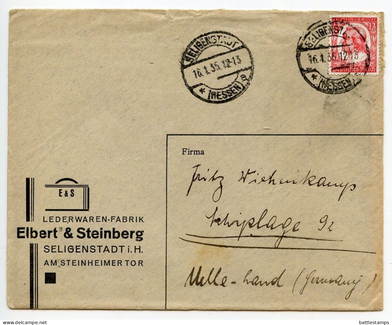 Germany 1935 Cover & Letter; Seligenstadt - Elbert & Steinberg, Lederwaren-Fabrik; 12pf. Friedrich V. Schiller Stamp - Lettres & Documents