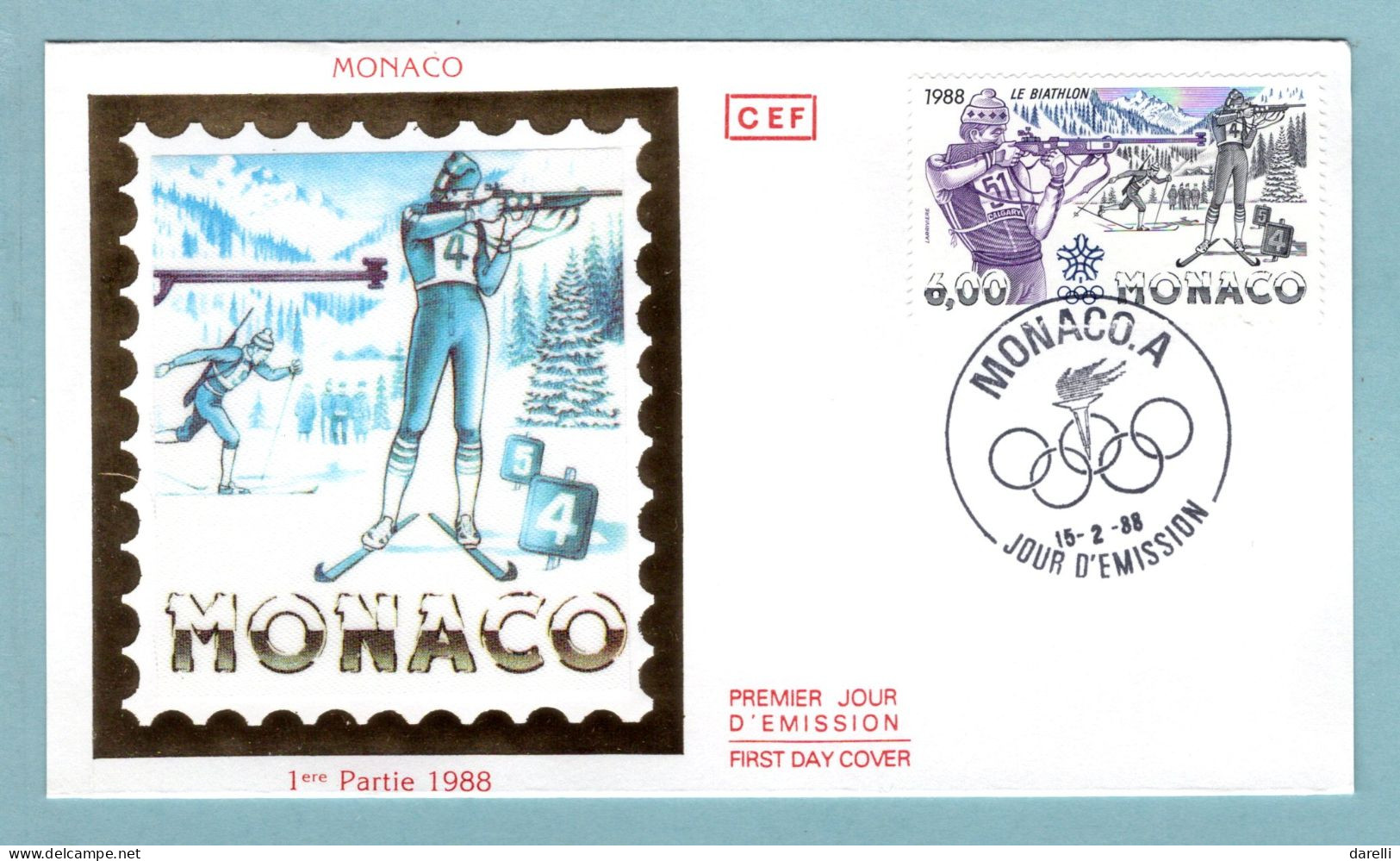 FDC Monaco 1988 - Jeux D'Olympiques D'hiver Calgary - Biathlon - Tir - YT 1622 - FDC