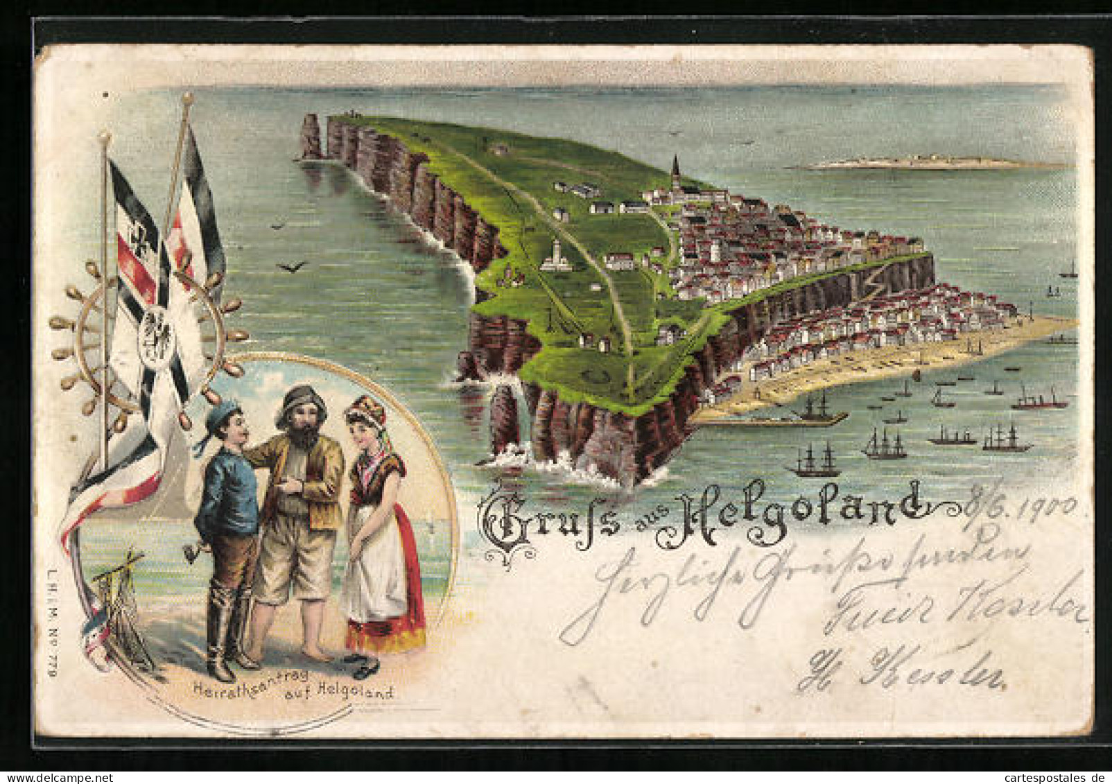 Lithographie Helgoland, Heiratsantrag Unter Fischern, Panoramablick Auf Die Insel  - Helgoland