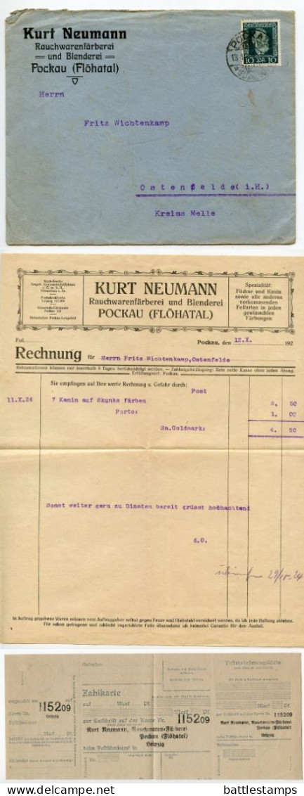 Germany 1924 Cover, Invoice & Zahlkarte; Pockau (Flöhatal) - Kurt Neumann, Rauchwarenfärberei Und Blenderei - Briefe U. Dokumente