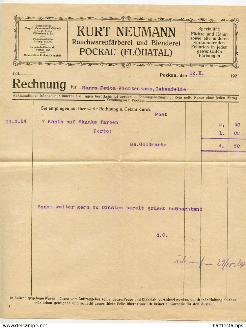 Germany 1924 Cover, Invoice & Zahlkarte; Pockau (Flöhatal) - Kurt Neumann, Rauchwarenfärberei Und Blenderei - Lettres & Documents