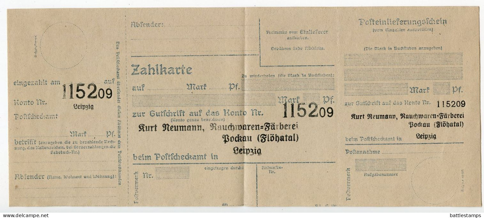 Germany 1924 Cover, Invoice & Zahlkarte; Pockau (Flöhatal) - Kurt Neumann, Rauchwarenfärberei Und Blenderei - Briefe U. Dokumente