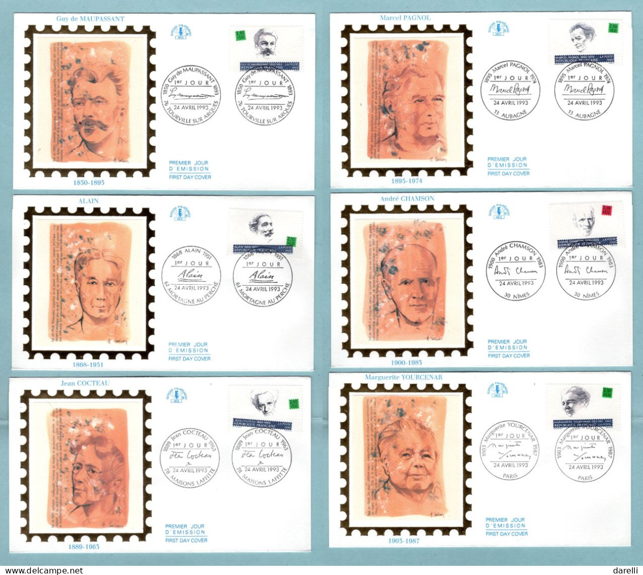 FDC France 1993 - écrivains Célèbres - Maupassant, Chartier, Cocteau, Pagnol, Chamson, Yourcenar - YT 2799/2804 - 1990-1999