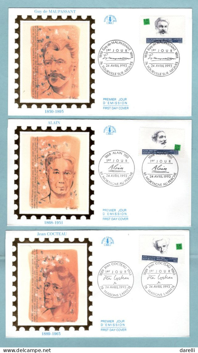 FDC France 1993 - écrivains Célèbres - Maupassant, Chartier, Cocteau, Pagnol, Chamson, Yourcenar - YT 2799/2804 - 1990-1999