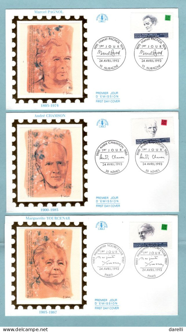 FDC France 1993 - écrivains Célèbres - Maupassant, Chartier, Cocteau, Pagnol, Chamson, Yourcenar - YT 2799/2804 - 1990-1999