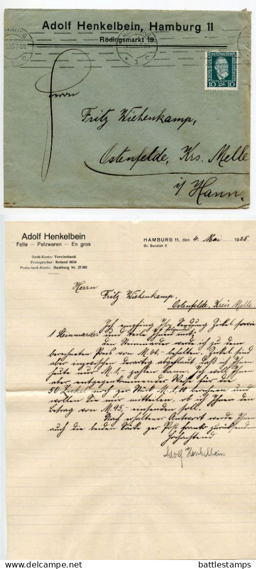 Germany 1925 Cover & Letter; Hamburg - Adolf Henkelbein, Felle - Pelzwaren - En Gros; 10pf. Heinrich V. Stephan Stamp - Briefe U. Dokumente