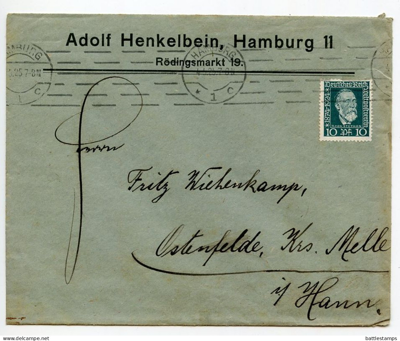 Germany 1925 Cover & Letter; Hamburg - Adolf Henkelbein, Felle - Pelzwaren - En Gros; 10pf. Heinrich V. Stephan Stamp - Cartas & Documentos