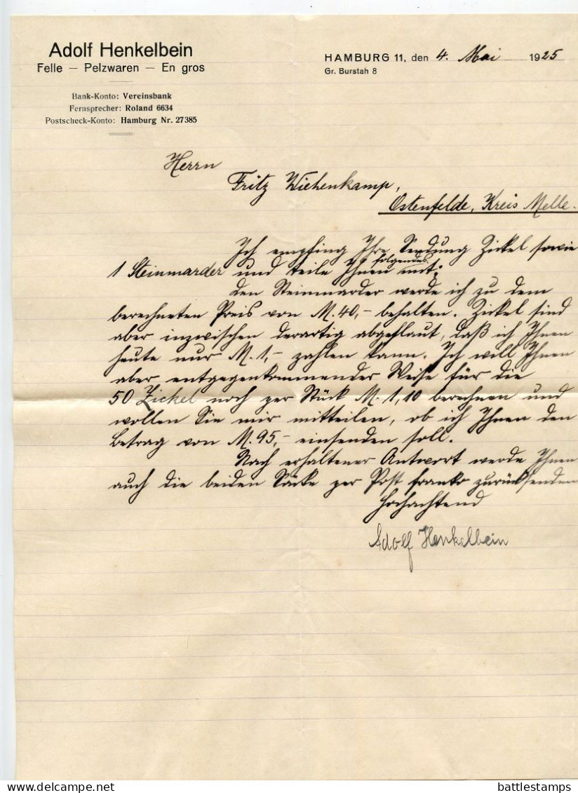 Germany 1925 Cover & Letter; Hamburg - Adolf Henkelbein, Felle - Pelzwaren - En Gros; 10pf. Heinrich V. Stephan Stamp - Lettres & Documents