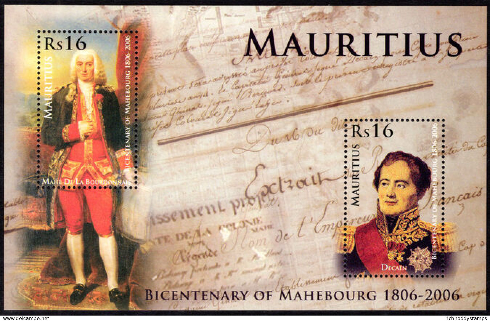 Mauritius 2006 Bicentenary Of Mahebourg Souvenir Sheet Unmounted Mint. - Mauricio (1968-...)