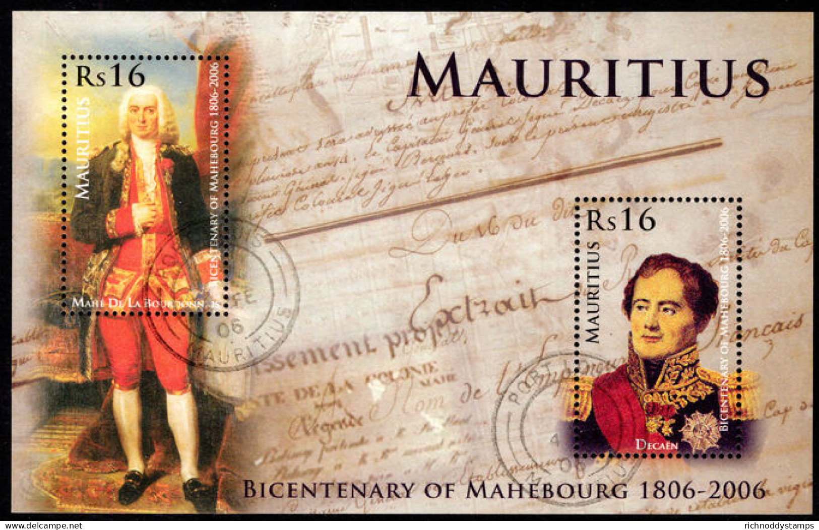 Mauritius 2006 Bicentenary Of Mahebourg Souvenir Sheet Fine Used. - Maurice (1968-...)