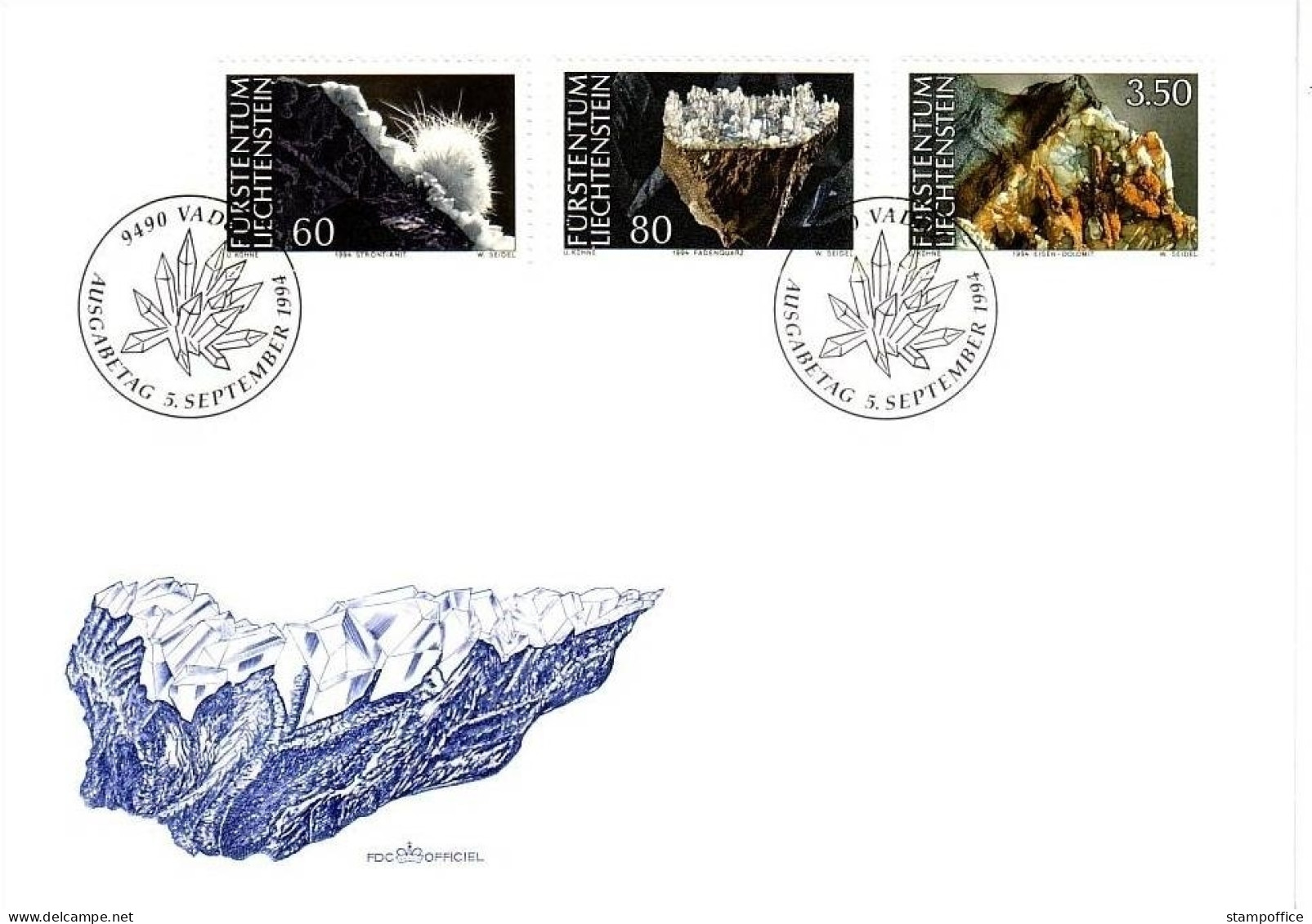 LIECHTENSTEIN MI-NR. 1093-1095 FDC MINERALIEN(II) 1994 EISEN-DOLOMIT - Minerali