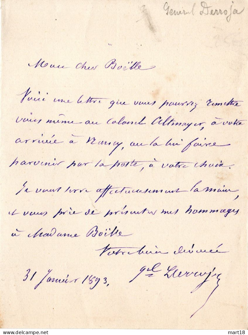 Lettre Manuscrite Signée 1893 - Général DERROJA Né à St Hyppolyte (66) - Pas Carte Postale - - Sonstige & Ohne Zuordnung