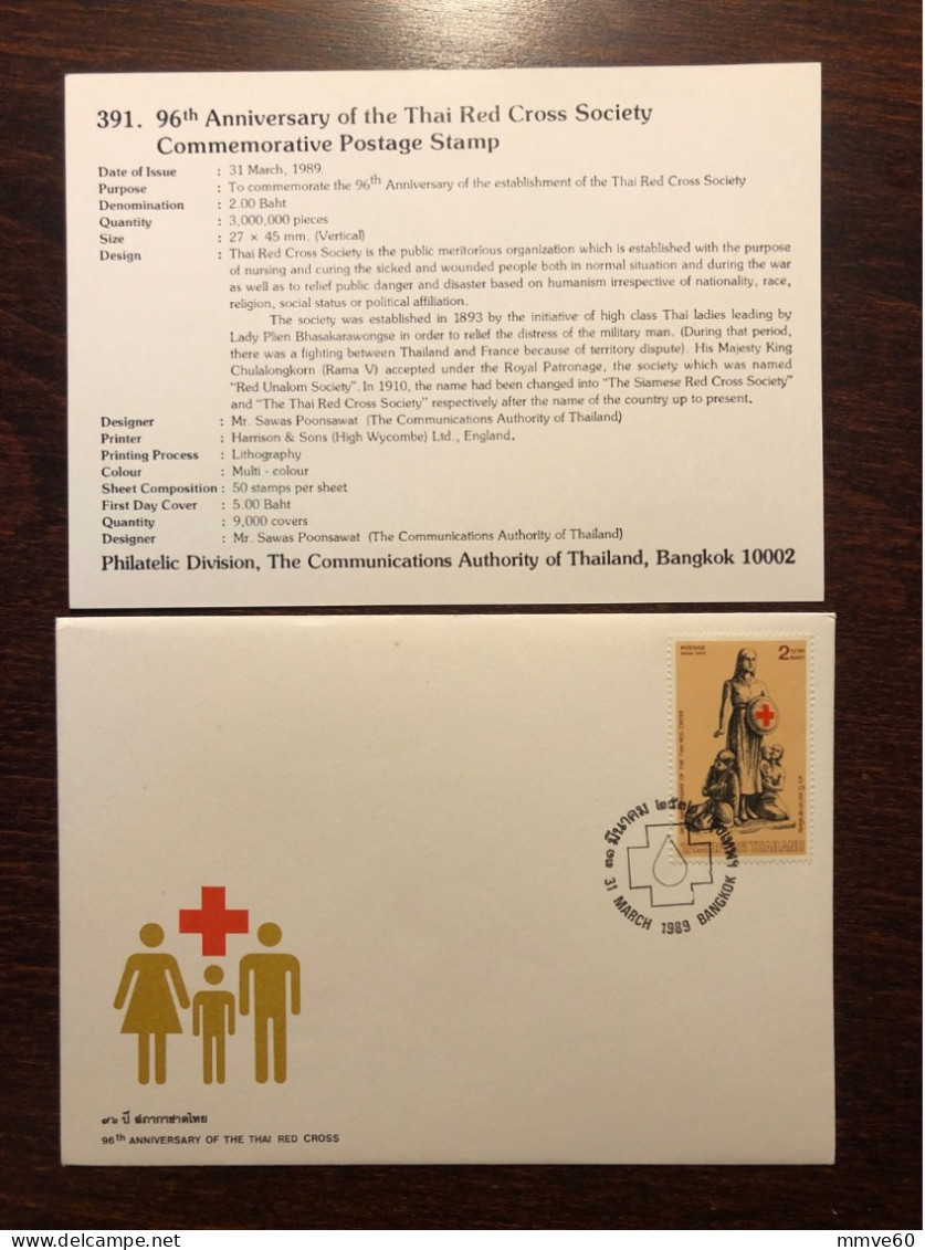 THAILAND FDC COVER 1989 YEAR RED CROSS HEALTH MEDICINE STAMPS - Thailand