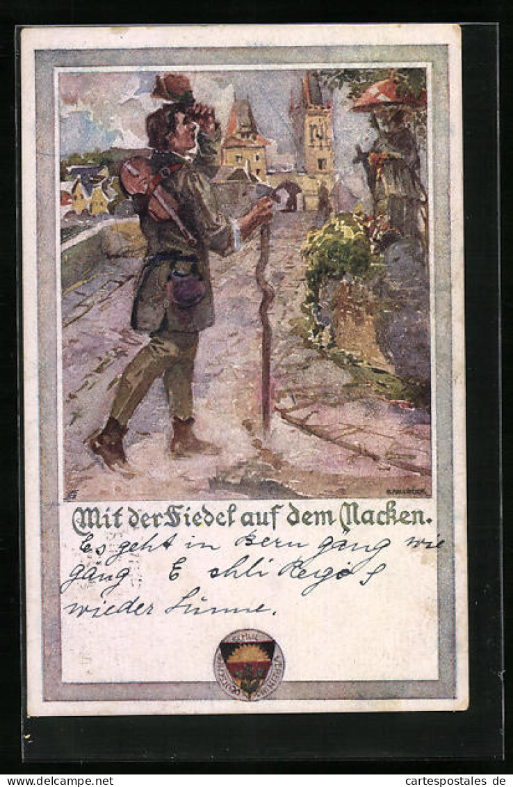 AK Deutscher Schulverein Nr. 441: Mit Der Fiedel Auf Dem Nacken, Wanderer Am Ortsrand  - Weltkrieg 1914-18