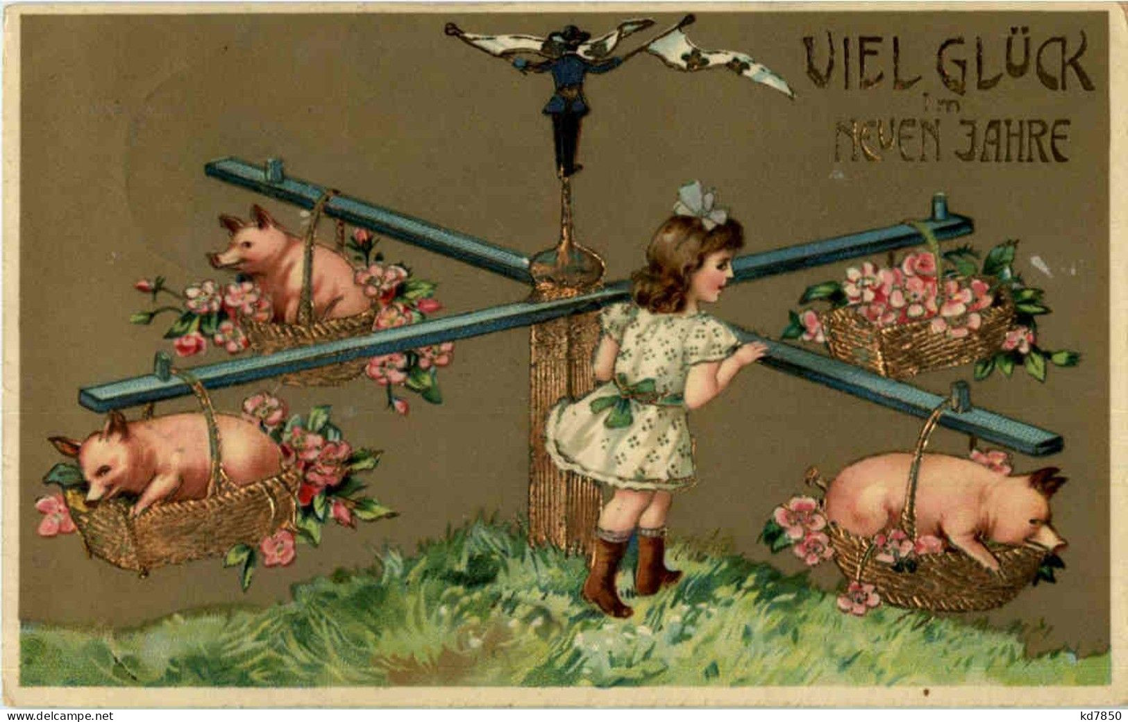 Kind Mit Schwein - Prägekarte - Cochons