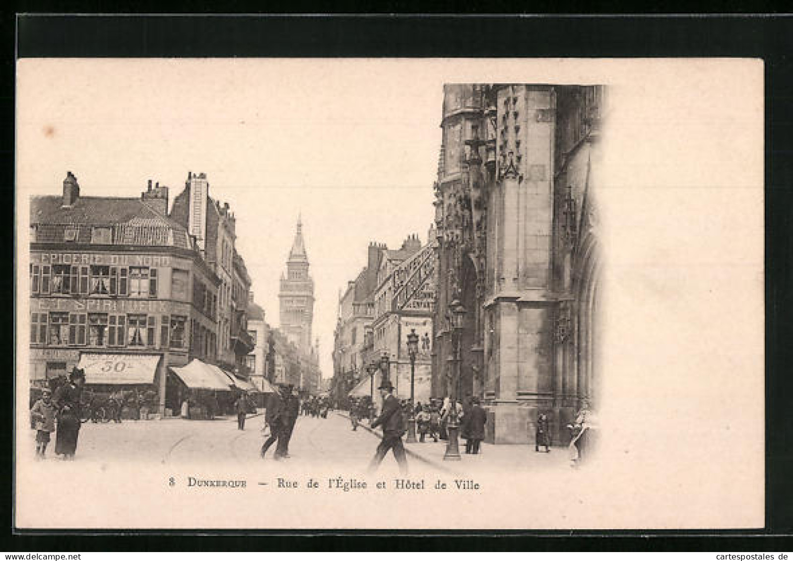 CPA Dunkerque, Rue De L`église Et Hôtel De Ville  - Dunkerque