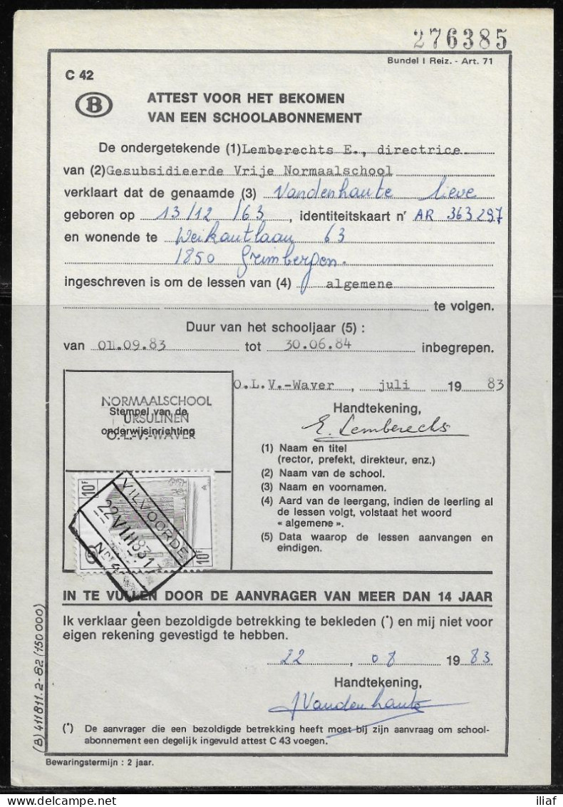 Belgium Parcel Stamp Sc. Q407 On Document C42 “Certificate For Obtaining A School Subscription” Vilvoorde 22.08.83 - Documentos & Fragmentos