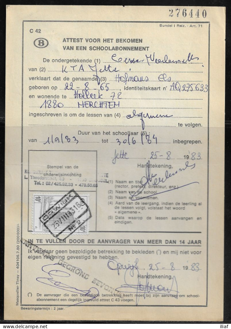 Belgium Parcel Stamp Sc. Q407 On Document C42 “Certificate For Obtaining A School Subscription” In Opwijk 25.08.83 - Documenten & Fragmenten