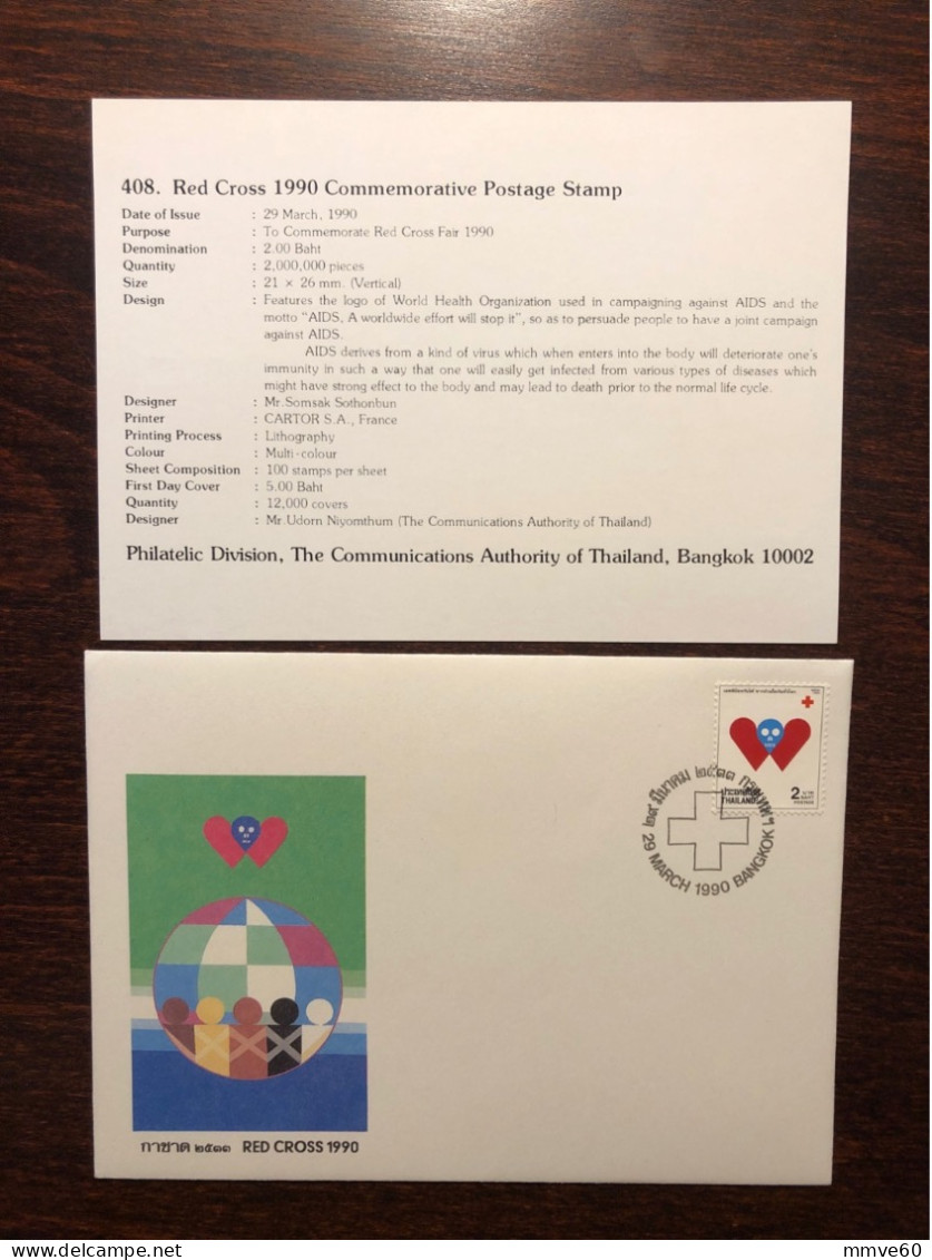 THAILAND FDC COVER 1990 YEAR AIDS SIDA HEALTH MEDICINE STAMPS - Thailand