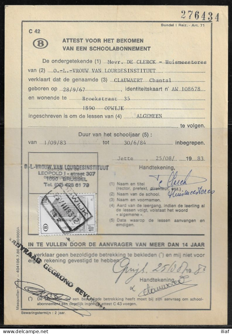 Belgium Parcel Stamp Sc. Q407 On Document C42 “Certificate For Obtaining A School Subscription” In Opwijk 25.08.83 - Documentos & Fragmentos