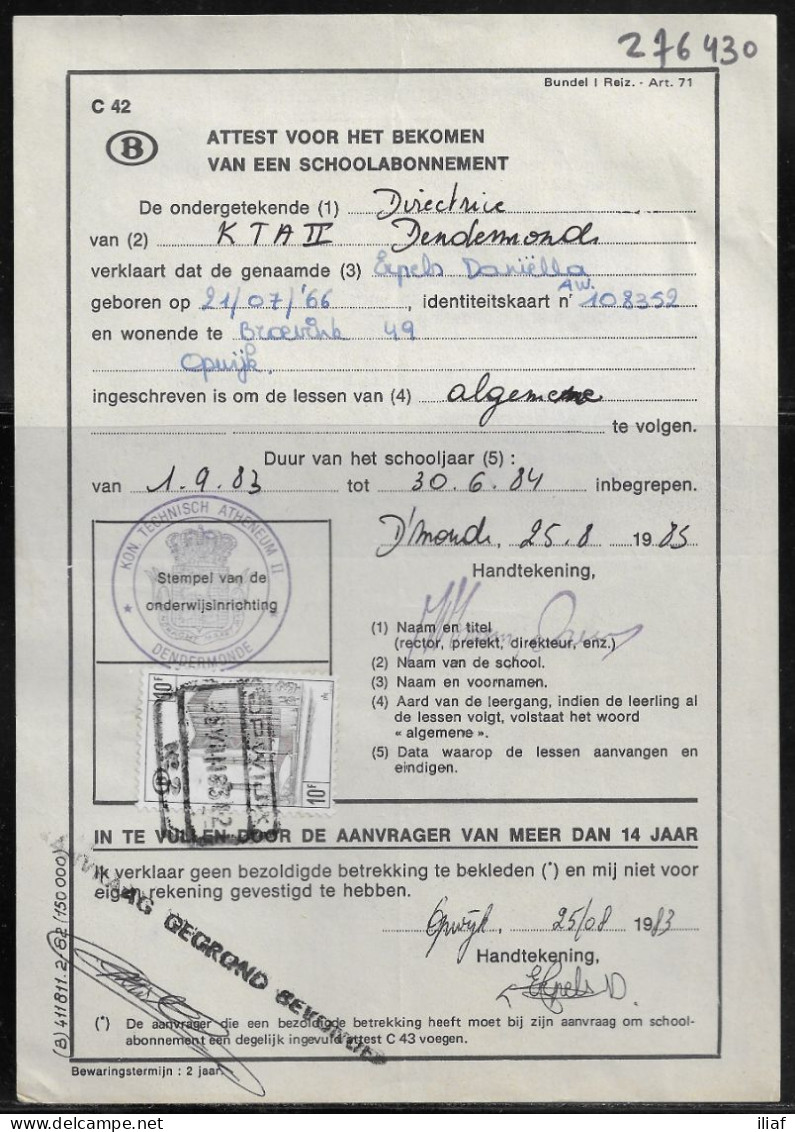 Belgium Parcel Stamp Sc. Q407 On Document C42 “Certificate For Obtaining A School Subscription” In Opwijk 25.08.83 - Documentos & Fragmentos