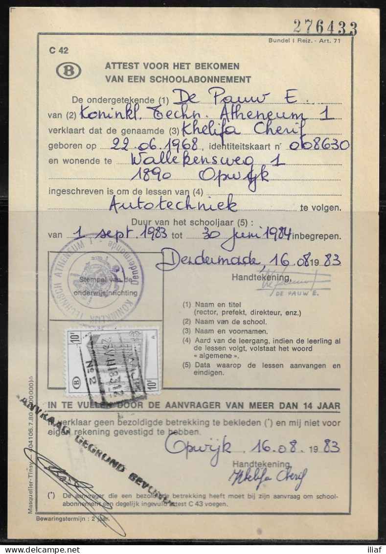 Belgium Parcel Stamp Sc. Q407 On Document C42 “Certificate For Obtaining A School Subscription” In Opwijk 25.08.83 - Documentos & Fragmentos