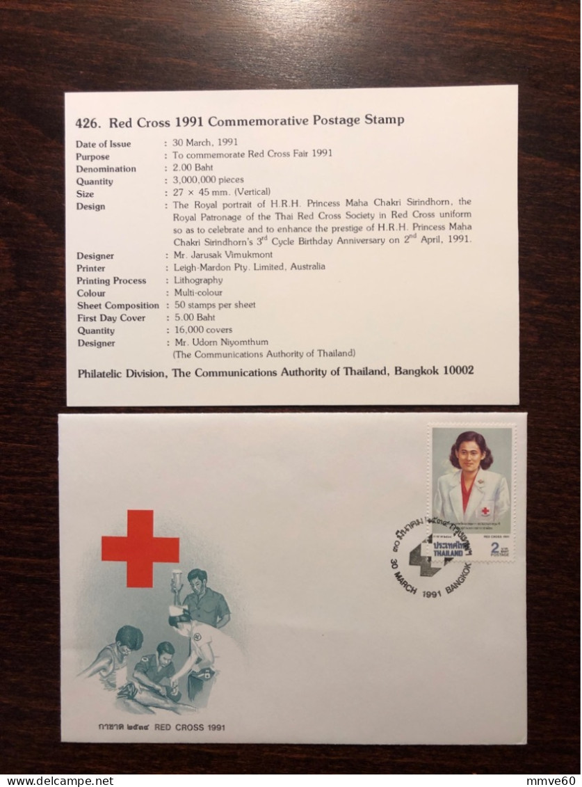 THAILAND FDC COVER 1991 YEAR RED CROSS HEALTH MEDICINE STAMPS - Thaïlande